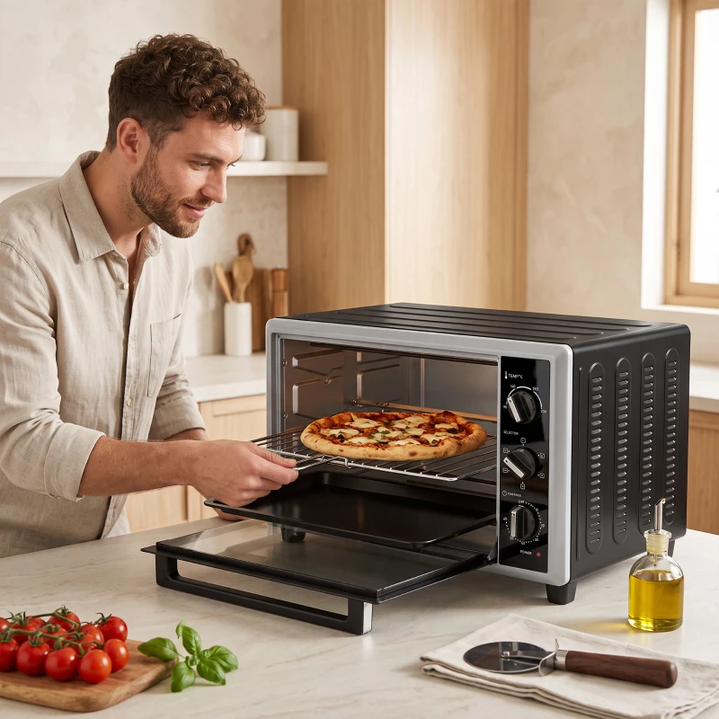 HOMCOM 46 L mini-oven met draaispit, hetelucht, temperatuurregeling en timer, 1800 W, zwart