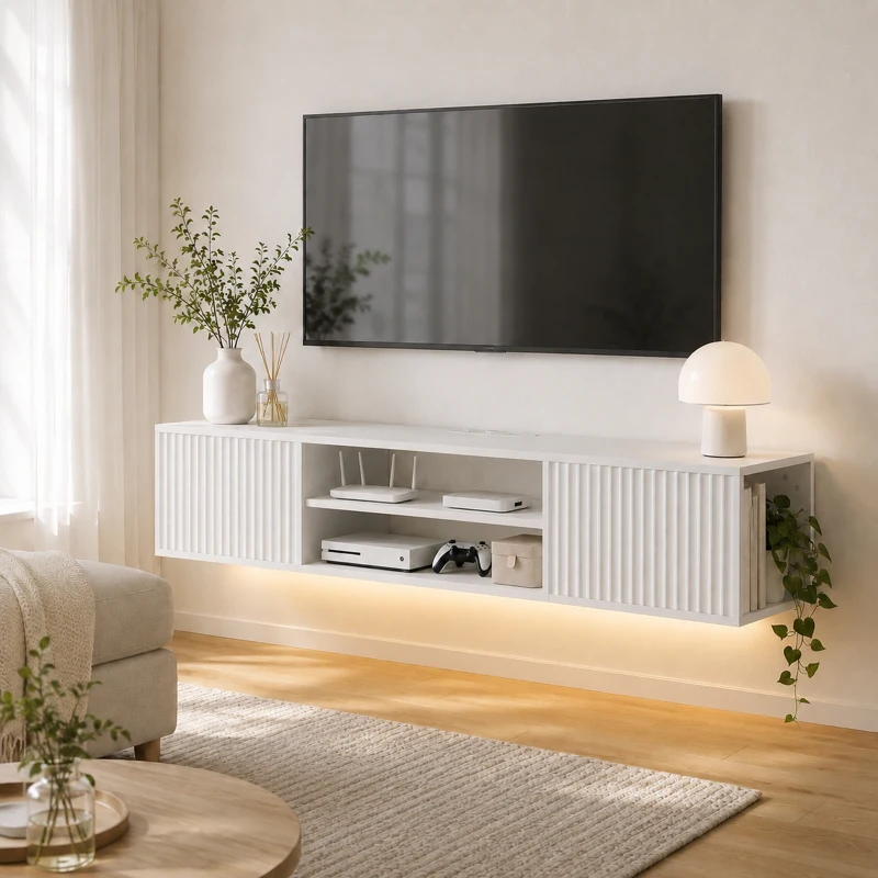 HOMCOM Móvel de TV Suspenso Móvel para TV até 165,1 cm com Prateleira Ajustável Luzes LED RGB Tomadas de Corrente Branco