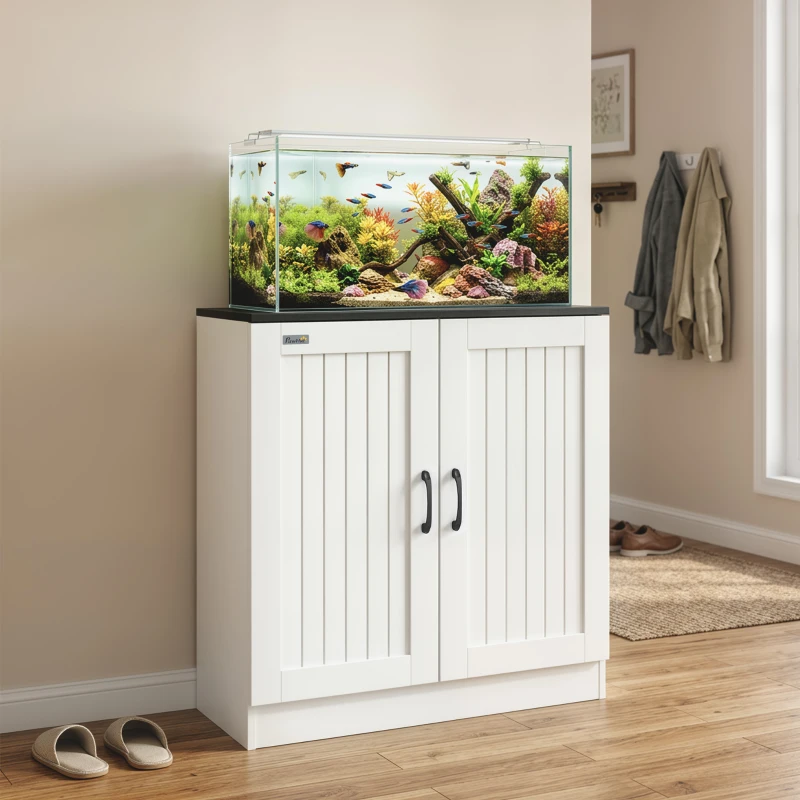 PawHut Fish Tank Stand, 20-29 Gallon Aquarium Stand with Cabinet Storage, Power Outlets and Anti-Tip Kit, White