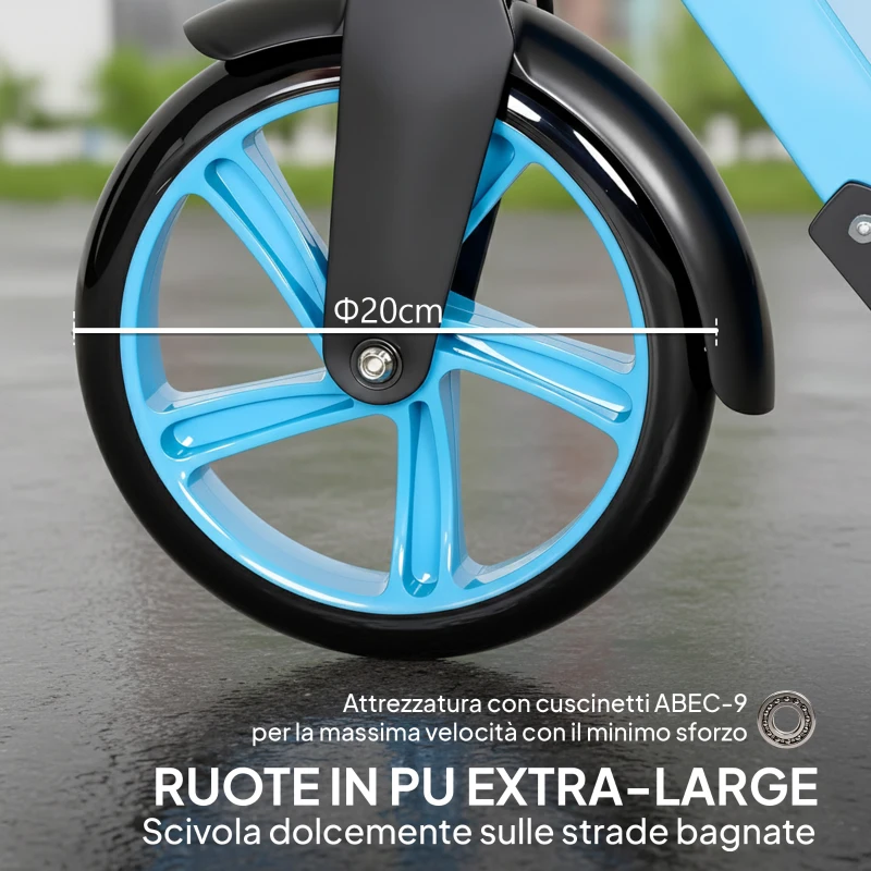 HOMCOM Monopattino Adulto Pieghevole con Manubri Regolabili, in Alluminio, Ruote Grandi di 200 mm, Ammortizzatore, Doppio Freno, Portata 100 kg, Blu