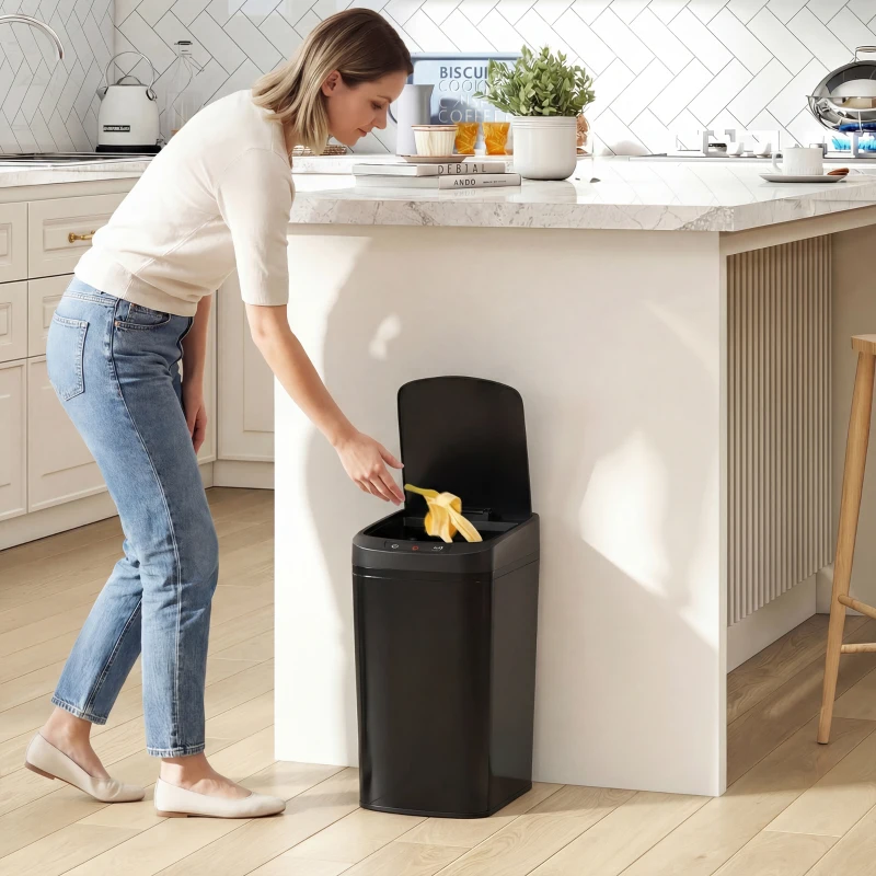 HOMCOM Poubelle de Cuisine Automatique 12 L en Acier Inoxydable, Poubelle à Capteur avec Couvercle, 28 x 22 x 41 cm, Noir