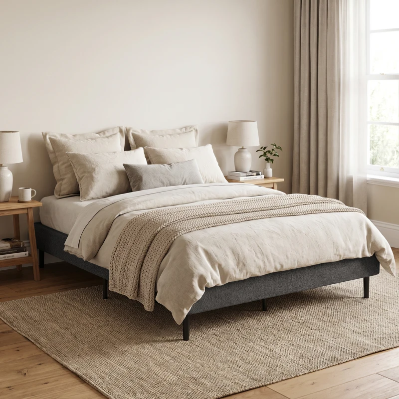 HOMCOM Cama Tapizada 144x195 cm con Funda de Chenilla Somier de Lamas de Madera Patas de Acero Fácil Montaje Carga 400 kg Gris