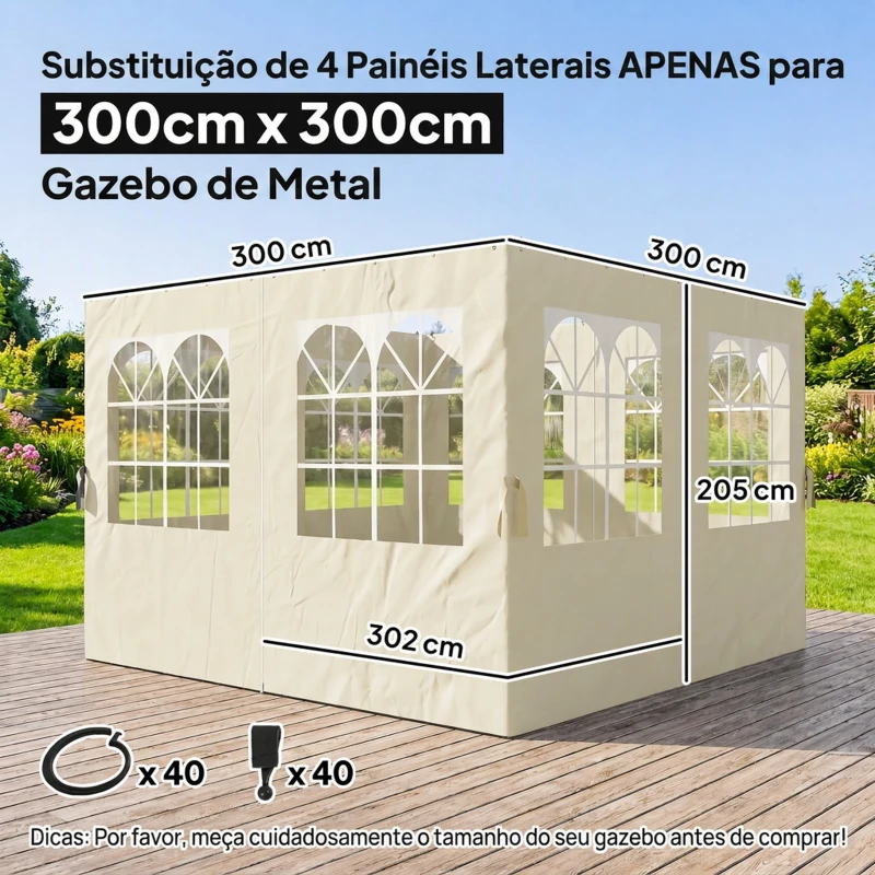 Outsunny 4 Paredes Laterais para Tenda 3x3 m Laterais de Tenda com Ganchos 8 Janelas e Proteção UV  Creme
