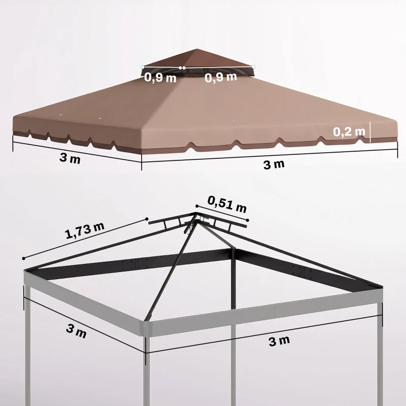 Outsunny Toldo de Substituição 3x3 m com Teto Duplo Orifícios de Drenagem e UPF 30+ Apenas Toldo NÃO Inclui Estrutura Caqui