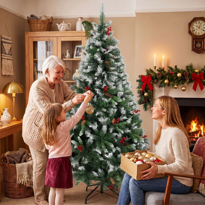 HOMCOM Árbol de Navidad Artificial Nevado 180 cm con 840 Ramas Bayas Rojas Piñas Base de Acero Plegable Montaje Rápido Verde