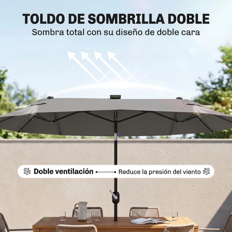 Outsunny Sombrilla de Jardín Doble 295x150x219 cm con Luces LED Solares Toldo con Inclinación Ajustable y Manivela Manual Gris