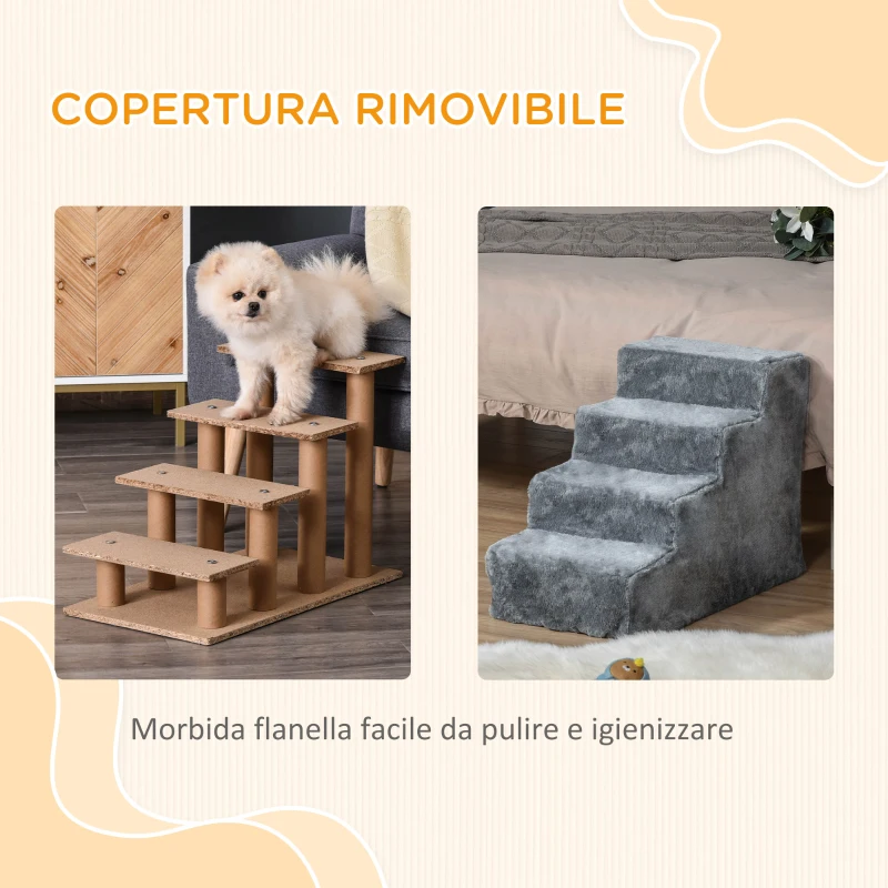 PawHut Scaletta per Cani Portatile a 4 Gradini, in Tessuto Vellutato Sfoderabile e Truciolato, 60x35x44 cm, Grigio