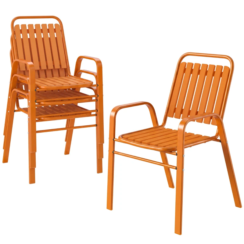 Outsunny Set 4 Sedie da Giardino Impilabili con Schienale Alto e Braccioli, in PP e Acciaio, 56x66x91 cm, Arancione