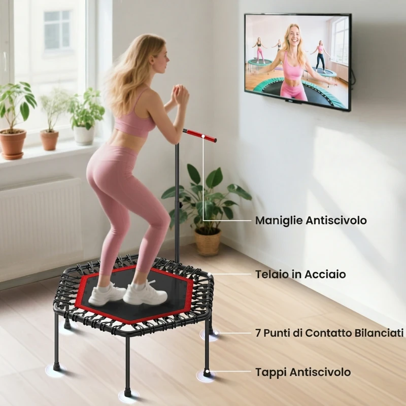 SPORTNOW Trampolino Elastico per Adulti Ø114cm, Tappeto Elastico con Maniglia Regolabile a 36 Molle Bungee, Rosso