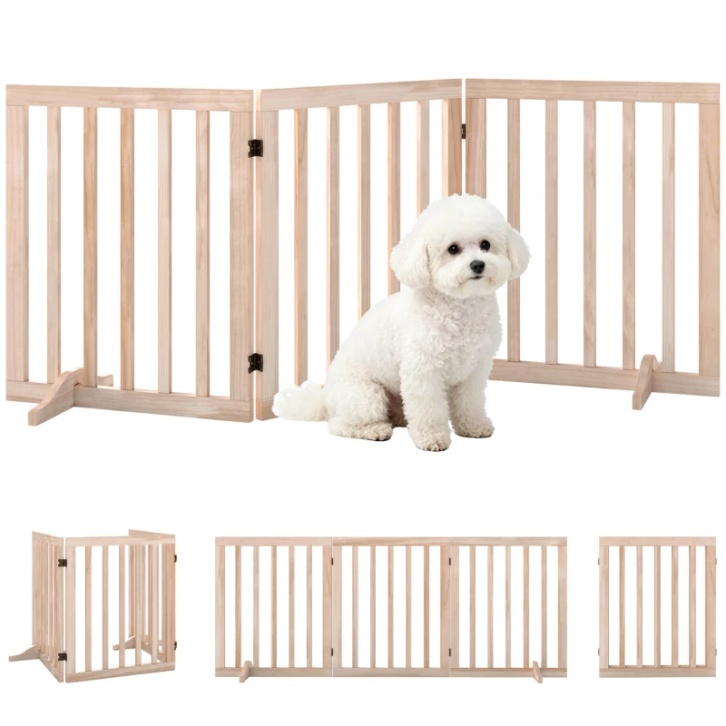 PawHut Barrière de Sécurité pour Chien Barrière Chien Sans Perçage Pliable et Autoportante 3 Panneaux 150 x 36 x 61 cm Naturel