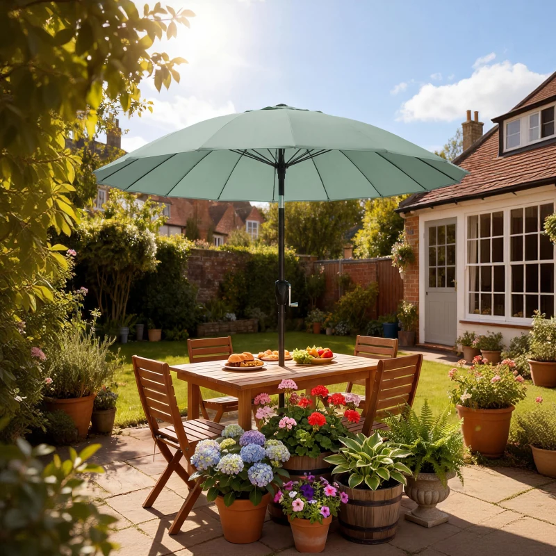Outsunny 2 m Shanghai Garden Parasol Umbrella with 16 Fibreglass Ribs, Outdoor Parasol Sun Shade with Crank & Tilt, Turquoise