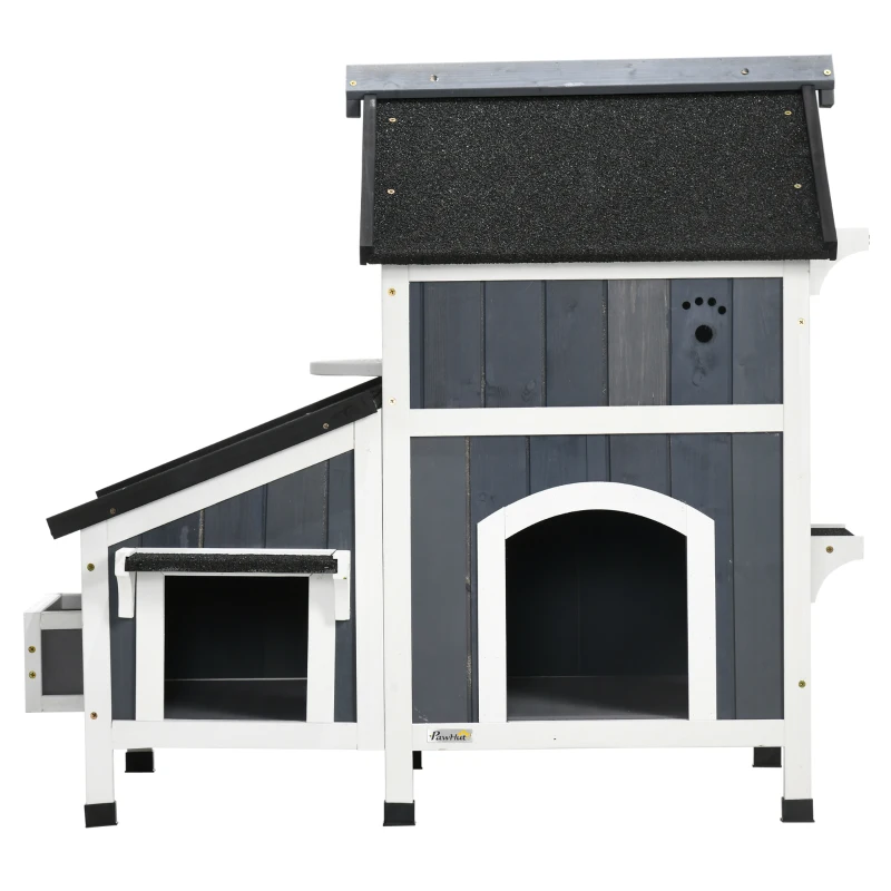 PawHut Casa para Gatos de Madeira com Suporte para Flores de 2 Níveis e Teto Asfáltico 96x65x85,5 cm Cinza