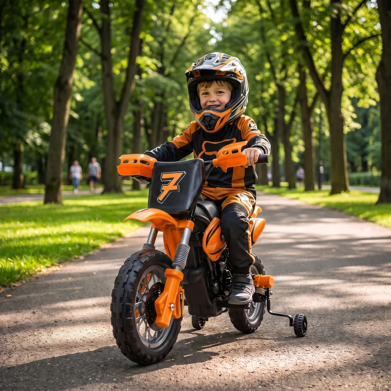 AIYAPLAY Moto Elétrica Infantil 12V com 2 Rodas Auxiliares Removíveis, 2 Motores, Suspensão Traseira, Música, 3 km/h, 3-6 Anos, Laranja