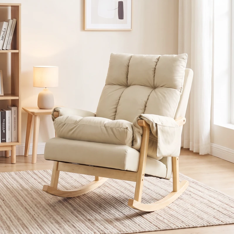 HOMCOM Fauteuil à bascule en tissu technique rembourré, Assise profonde, Poches latérales, Pieds en bois d'hévéa, Beige