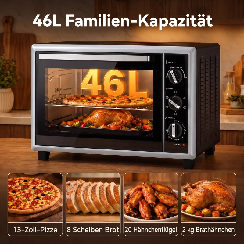 HOMCOM 46 L mini-oven met draaispit, hetelucht, temperatuurregeling en timer, 1800 W, zwart