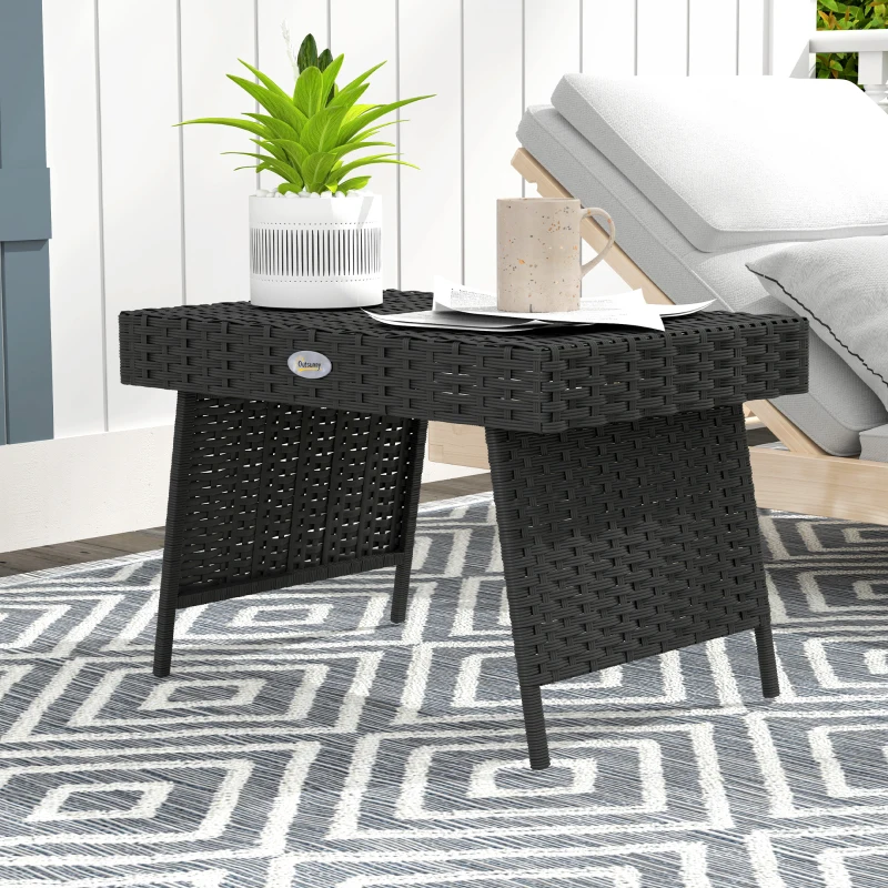 Outsunny Foldable Outdoor Side Table, Rattan Garden Coffee Table with Steel Frame, Space Saving Bistro Garden Furniture for Patio, Balcony, 60 x 41 x 41 cm, Black