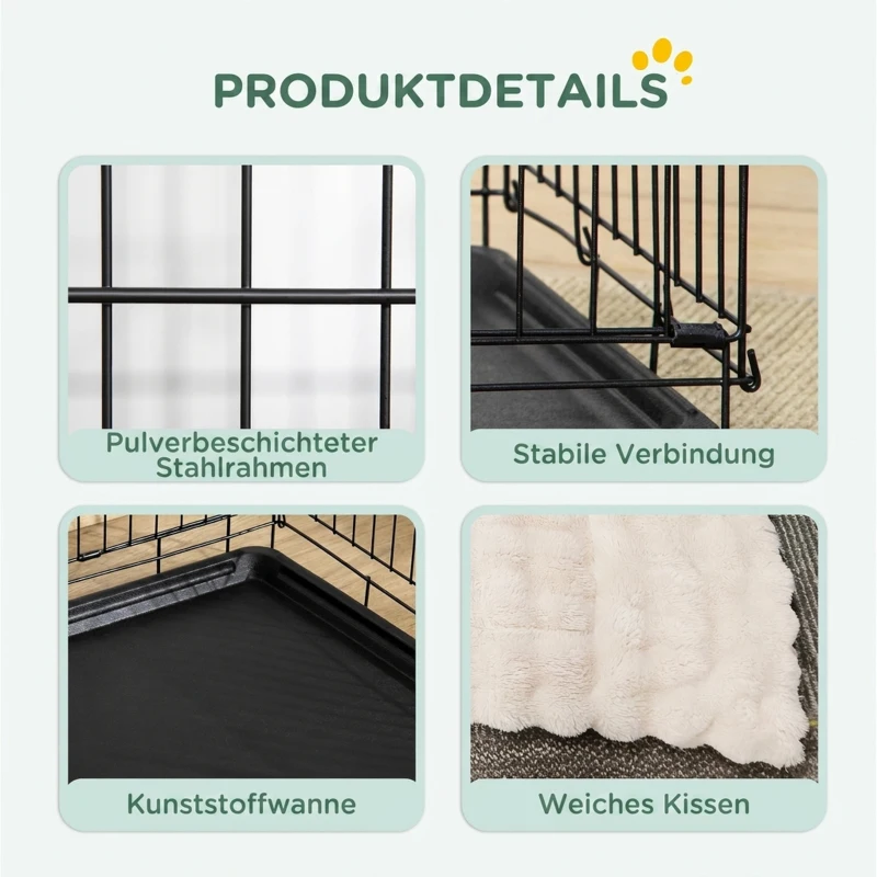 PawHut Hundekäfig klappbar Hundebox mit 2 Türen, Transportkäfig mit ausziehbare Bodenschale Kissen 106 x 71,5 x 76 cm Schwarz