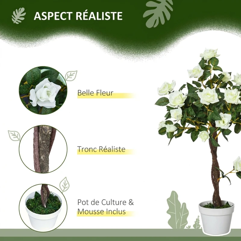 Outsunny Arbre à Roses Artificiel 90 cm en Plastique, 21 Fleurs, 350 Feuilles en Tissu, Pot, Facile à Entretenir, Blanc