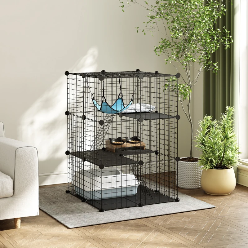 PawHut Cage Chat Intérieur Enclos Chat Modulable 3 Portes Hamac Échelle pour Petits Animaux de Compagnie 70x70x105cm Noir