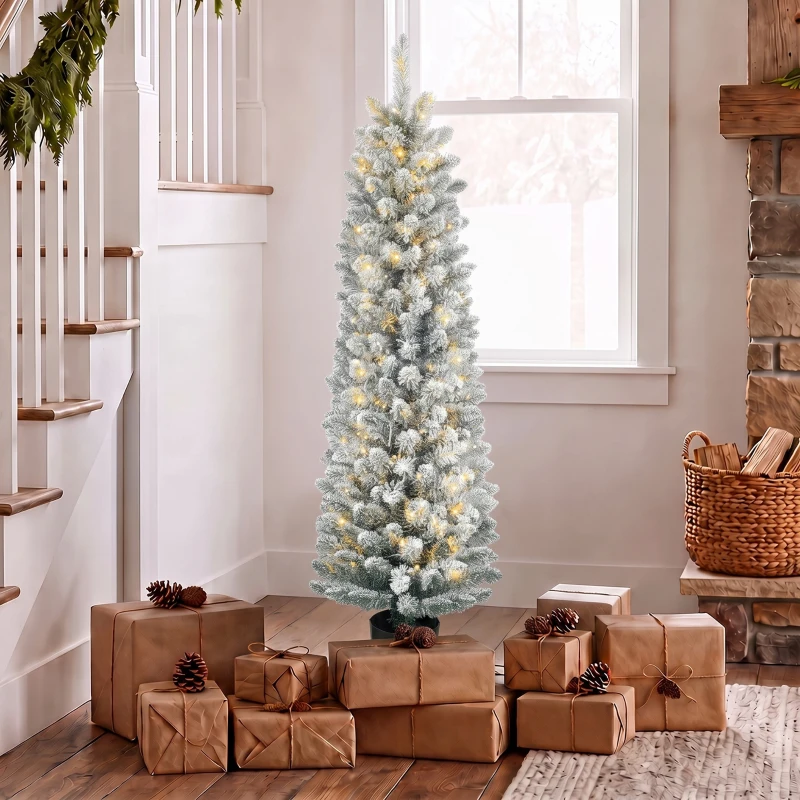 HOMCOM Árbol de Navidad Nevado con 150 Luces LED 150 cm 8 Modos 250 Ramas Verde y Blanco