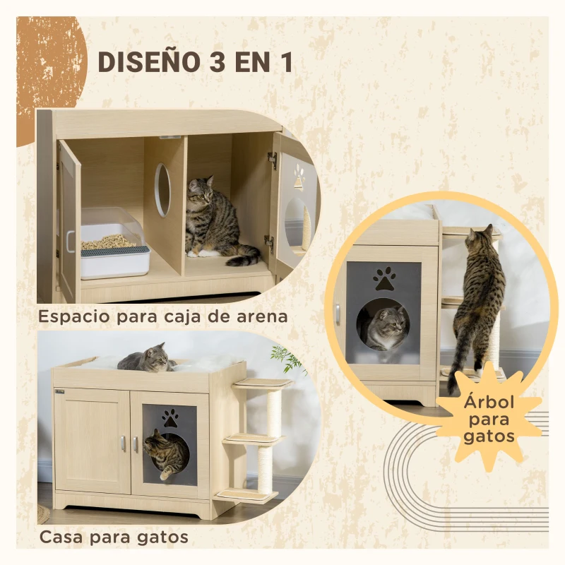 PawHut Mueble Arenero para Gatos con Cama Cojín Suave 3 Plataformas y Postes de Sisal 107x54x70 cm Roble