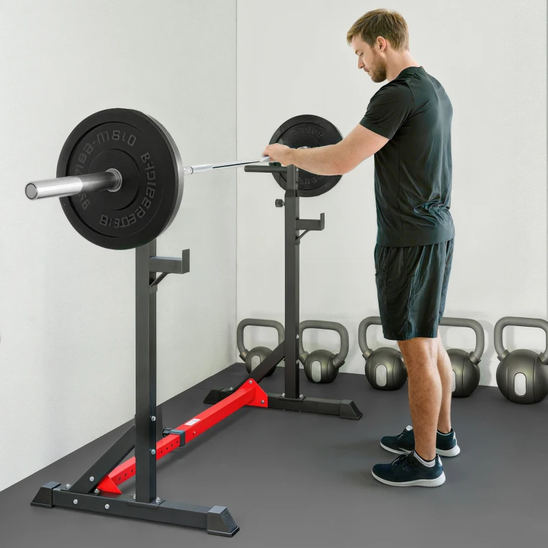 HOMCOM Soporte para Pesas Estante Soporte Barra Pesas Ajustable para Ejercicios Sentadillas en Hogar y Oficina Carga 150 kg de Acero Altura Regulable de 121-171 cm Negro y Rojo