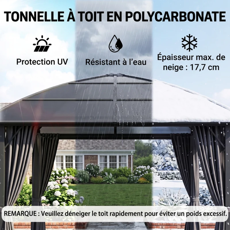 Outsunny Tonnelle de jardin structure aluminium toit polycarbonate imperméable UV 60+ parois latéraux 3 x 3 m gris foncé