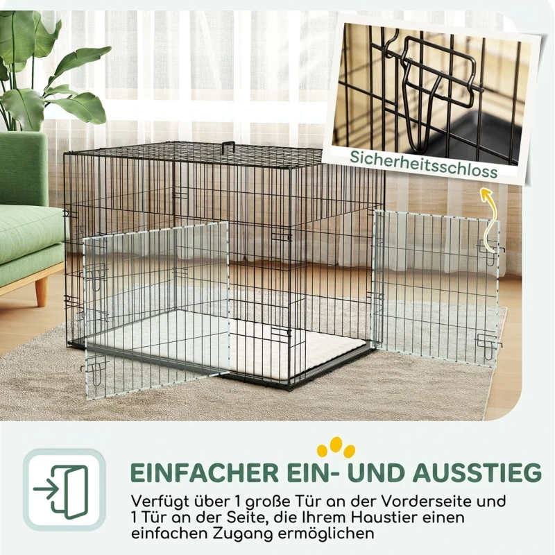 PawHut Hundekäfig klappbar Hundebox mit 2 Türen, Transportkäfig mit ausziehbare Bodenschale Kissen 90 x 57,5 x 62 cm Schwarz