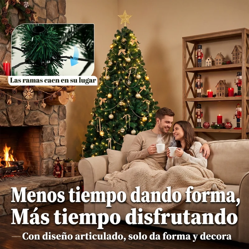 HOMCOM Árbol de Navidad Decorativo 230 cm con 296 LED 755 Ramas Ignífugas Estrella 42 Bolas 30 Lazos Decoración Dorado Verde