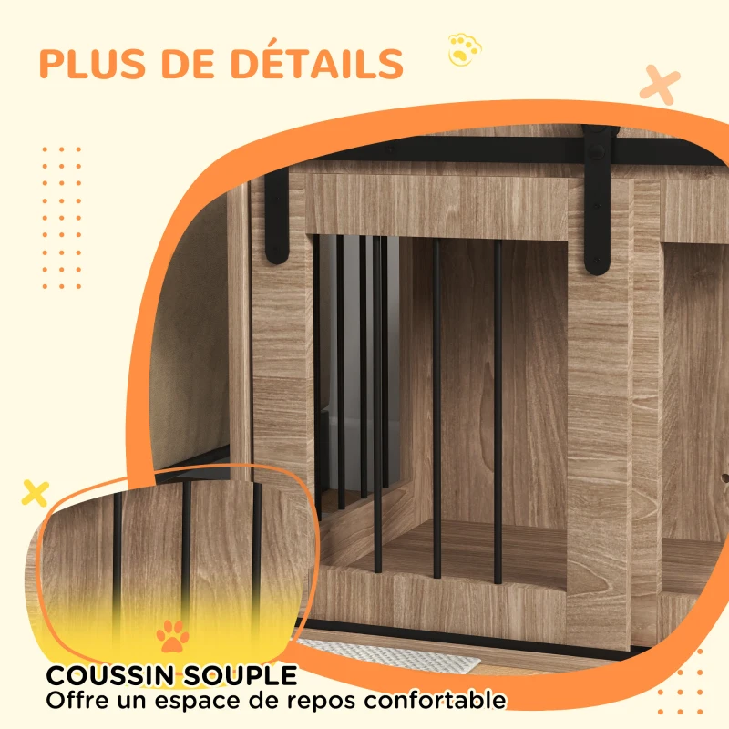 PawHut Cage caisse pour chien animaux intérieur porte coulissante, métal effet bois, dim. 57H x 80L x 54l cm