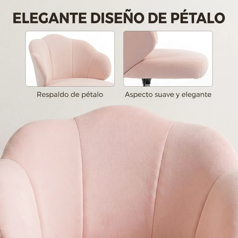 HOMCOM Silla de Oficina Forma de Pétalo con Ruedas de Terciopelo Función Basculante Asiento Ancho Altura Ajustable Rosa