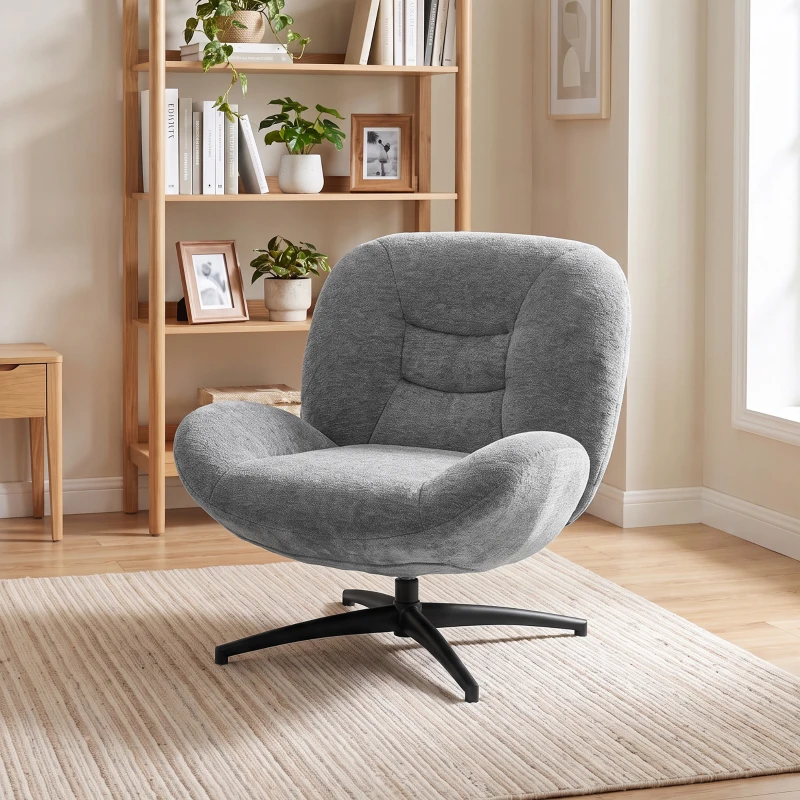 HOMCOM Fotoliu living rotativ, fotoliu lounge cu șezut lat, cotieră integrată, aspect chenille, Gri închis
