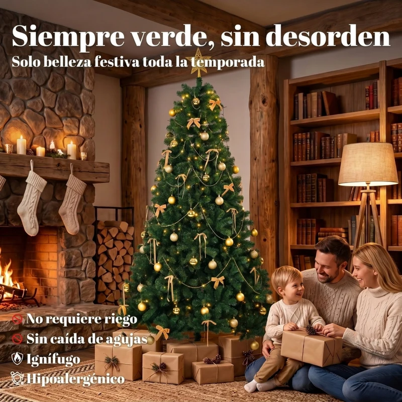 HOMCOM Árbol de Navidad Decorativo 230 cm con 296 LED 755 Ramas Ignífugas Estrella 42 Bolas 30 Lazos Decoración Dorado Verde
