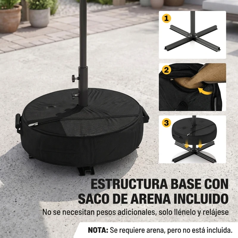 Outsunny Sombrilla Terraza Exterior 3x3m con Base Bolsa de Arena Manivela Inclinación Costillas Retráctiles Gris Oscuro