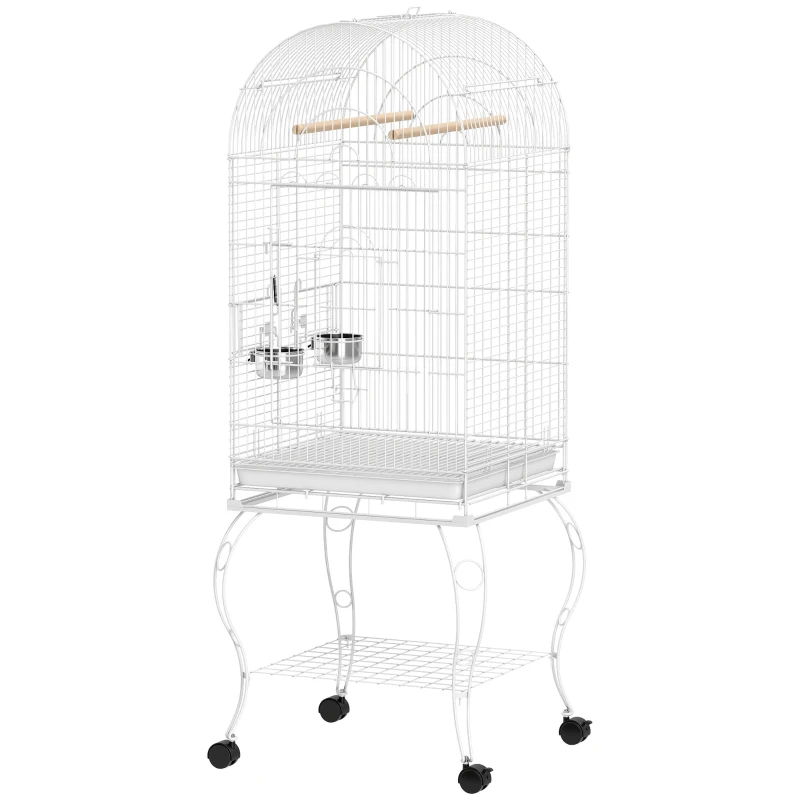 PawHut Jaula para Pájaros con Ruedas y Estante 51x51x153 cm con Parte Superior Abatible Comederos y Bandeja Extraíble Blanco