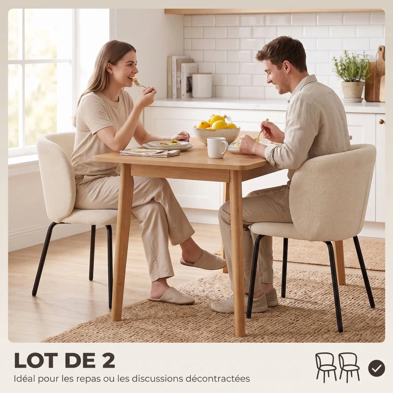 HOMCOM Lot de 2 Chaises Salle à Manger Rembourrées en Chenille, Dossier Incurvé, Pieds Métal, Style Moderne, 57x58x77cm, Beige