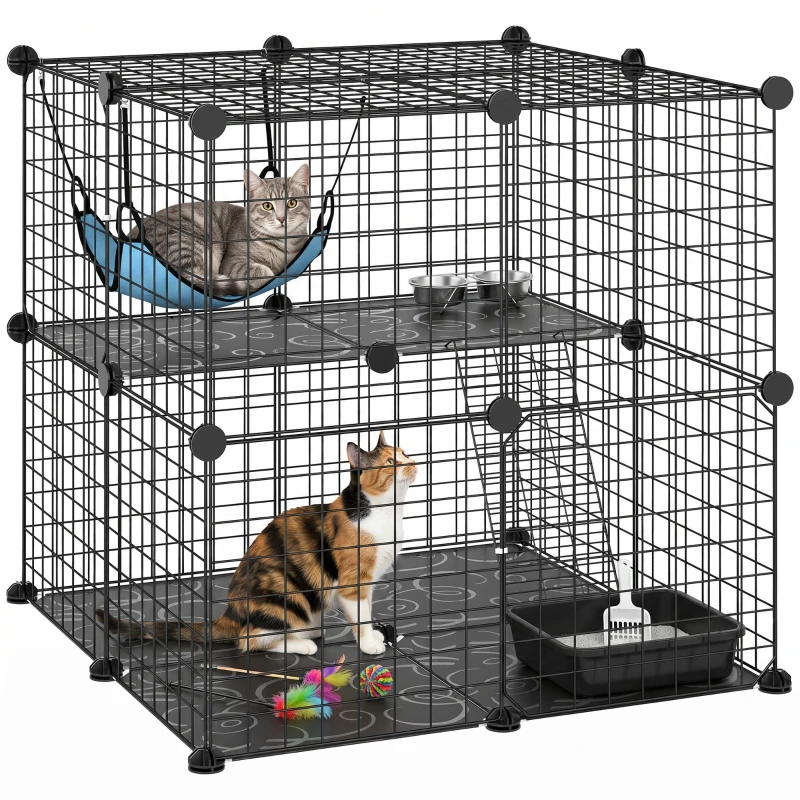 PawHut Enclos pour Chat 70 cm, Cage pour Chat en Acier avec 2 Portes, Design Modulaire DIY pour Chats de moins de 4 kg, 2 Niveaux avec Plateforme et Hamac, Noir