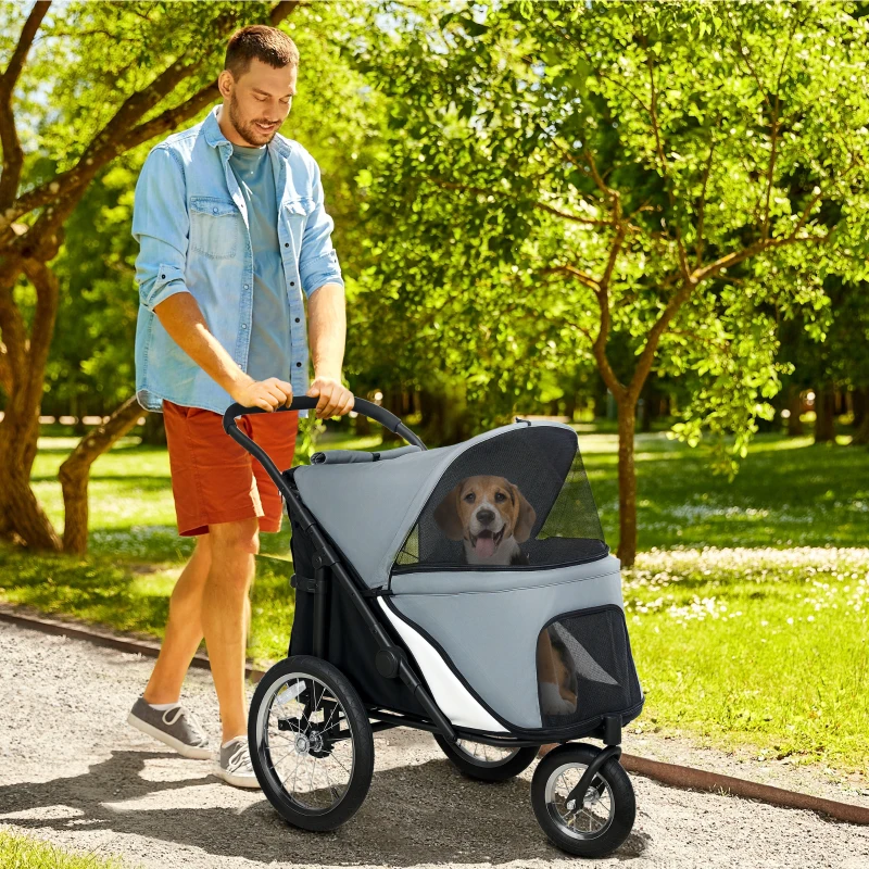 PawHut Carrito para Perros y Gatos Plegable hasta 20 kg Cochecito para Perros Medianos de 3 Ruedas de Goma y Frenos Cojín Gris