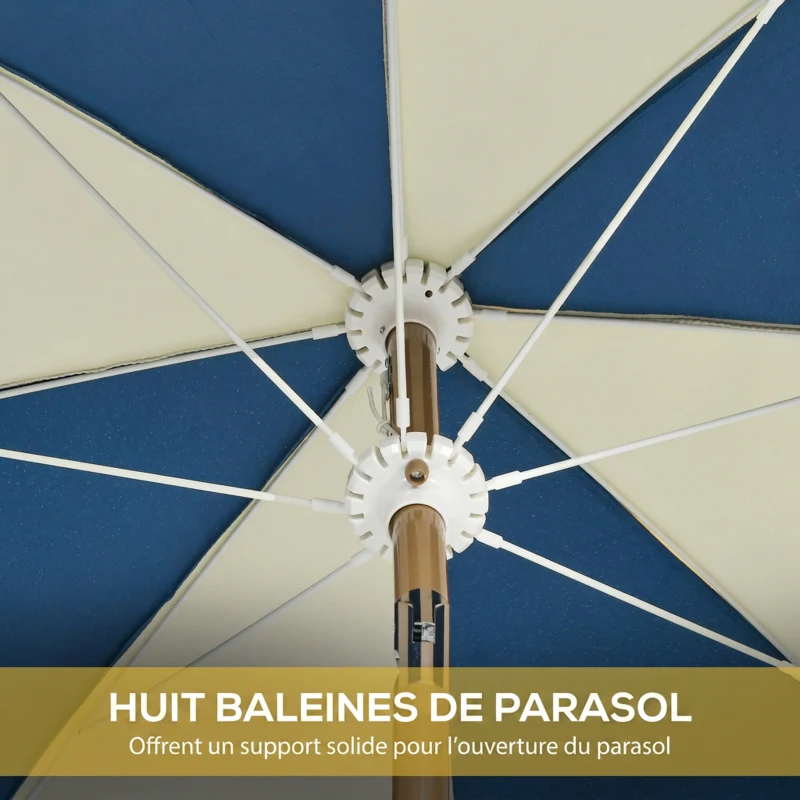 Outsunny Parasol inclinable rond Ø 225 cm avec franges polyester haute densité anti-UV mât démontable, vintage bleu et beige