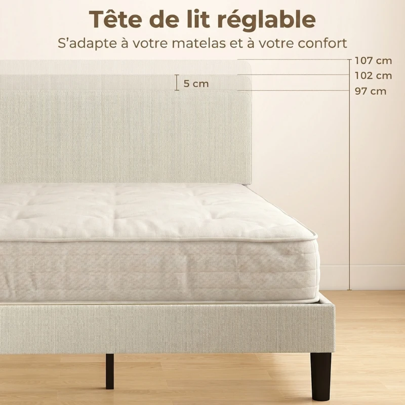 HOMCOM Cadre de Lit 140 x 190 cm avec Sommier, Tête Réglable, Lit Double Rembourré en Velours Côtelé, Sans Bruit, Gris Clair