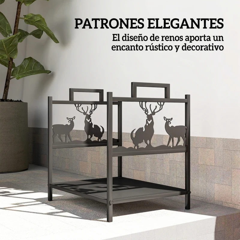 Outsunny Estante de Leña Metálico con Asas 42,5x33,5x43 cm Soporte de Madera para Chimenea para Jardín Terraza Negro