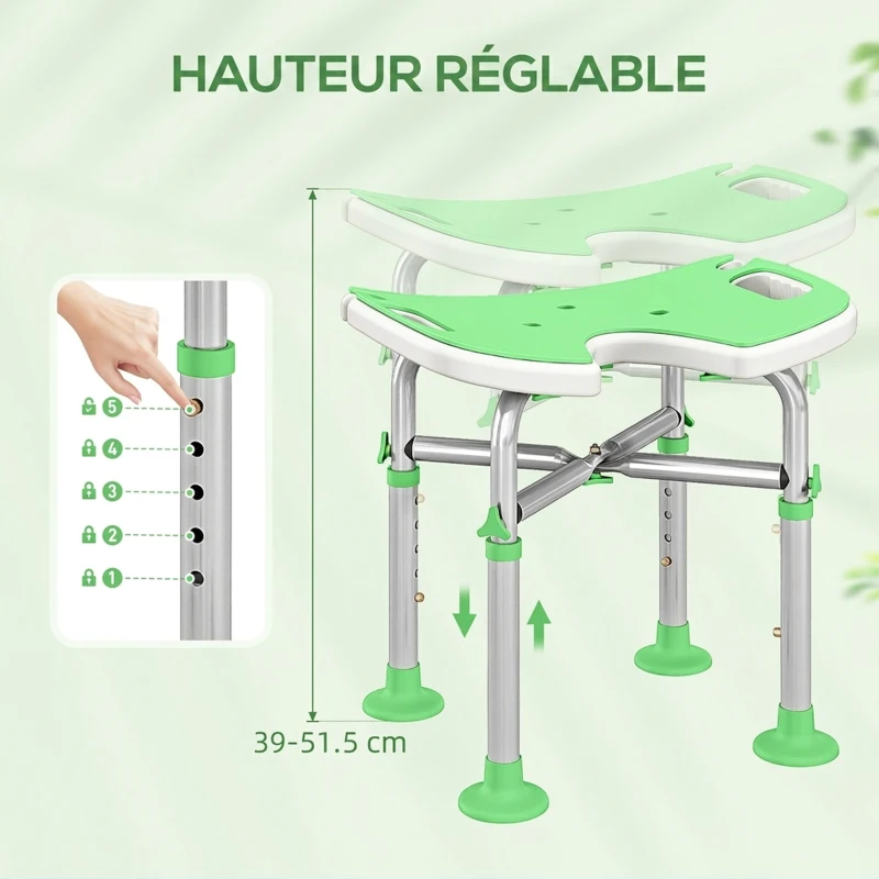 HOMCOM Tabouret de Douche, Hauteur Ajustable 39-51,5 cm, Barre d'Appui à Ventouse, Patins à Ventouse, Vert