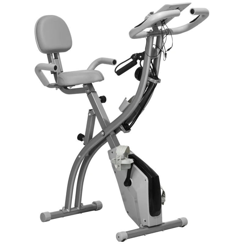 HOMCOM Bicicleta Estática Plegable 3 en 1 con Respaldo y 8 Niveles Resistencia Magnética, Bicicleta Estática en Casa Ajustable con Monitor LCD Volante Bandas Sensor de Pulso Soporte de Teléfono Gris