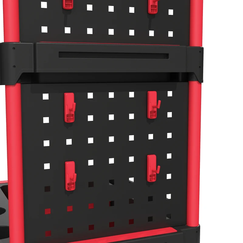 HOMCOM 3-Tier Rolling Tool Cart with Pegboard and Hooks, Storage Trolley Wheel Cart with Brakes, Black & Red