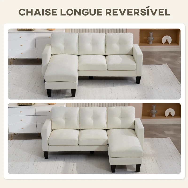 HOMCOM Sofá Chaise Longue Sofá em Forma de L Estofado em Poliéster Sofá de Canto Reversível 186x130x84 cm Creme