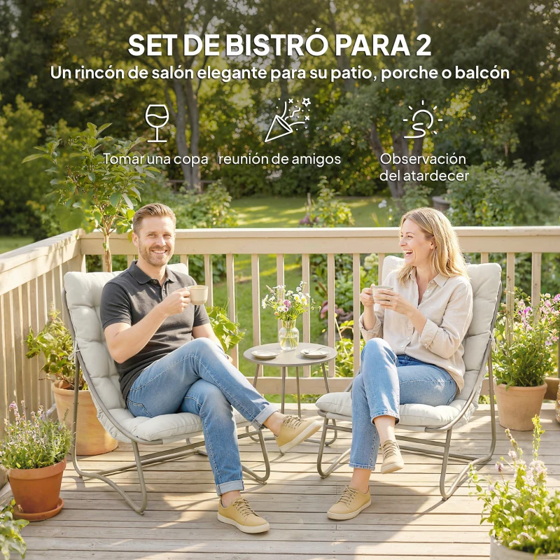 Outsunny Conjunto de Jardín de 3 Piezas con 2 Sillas Lounge Mesa de Café y Cojines para Exterior Patio Balcón Gris Claro