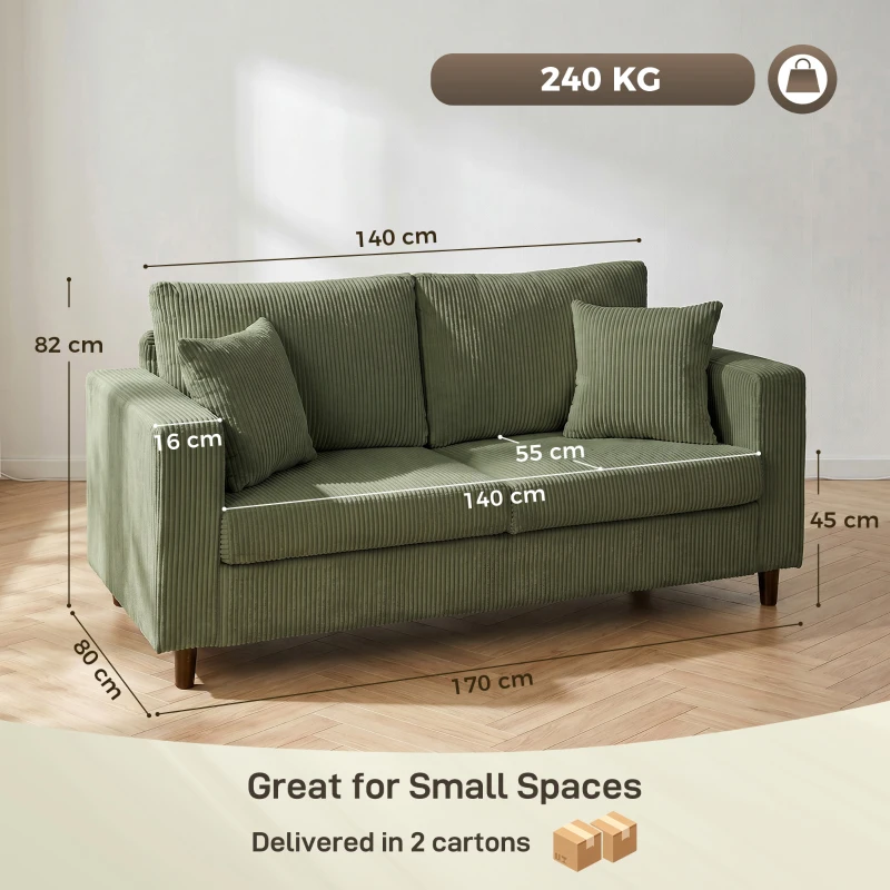HOMCOM Loveseat Sofa with Wide Seat, Corduroy 2 Seater Couch with Deep Seat, Spring Cushion, Green