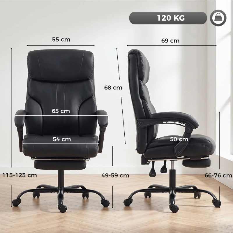 HOMCOM Chaise Bureau Ergonomique Inclinable, Fauteuil de Bureau en PU, Accoudoirs Synchronisés, Hauteur Réglable, Noir