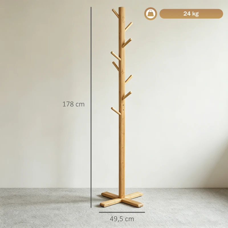 HOMCOM Perchero de Pie de Bambú, Perchero para Ropa con 8 Ganchos, Forma de Árbol, 49,5x49,5x178 cm, Natural
