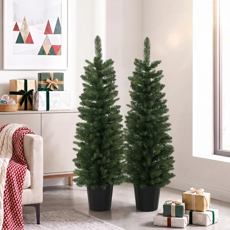 HOMCOM Set de 2 brazi artificiali, 120 cm, brad pentru intrare cu 170 vârfuri de crengi, bază de ghiveci, verde